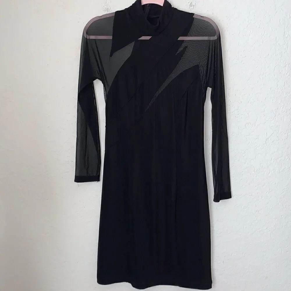Vtg Sheer Mesh Long Sleeve Zipper Mini Dress Size S-M